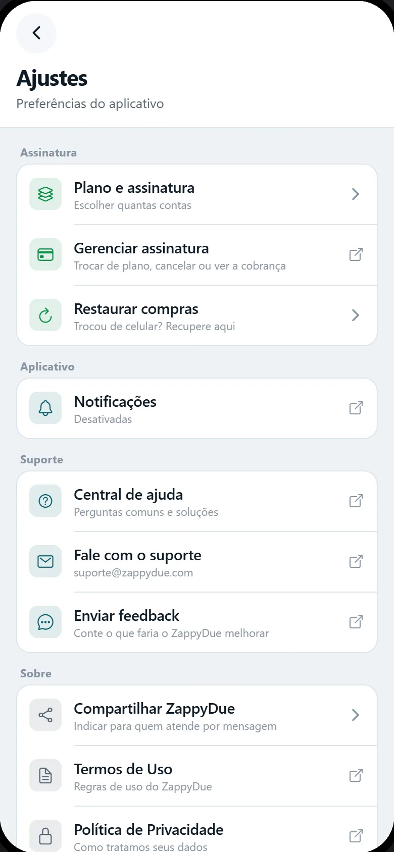 Painel de ajustes do ZappyDue com as seções Assinatura, Aplicativo, Suporte e Sobre.