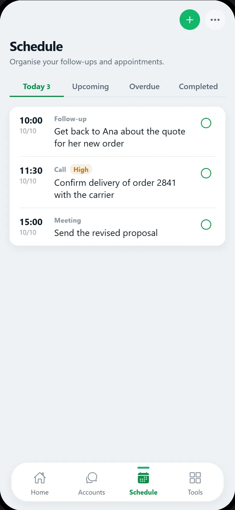 ZappyDue schedule on the Today tab, with three follow-ups at 10:00, 11:30 and 15:00.