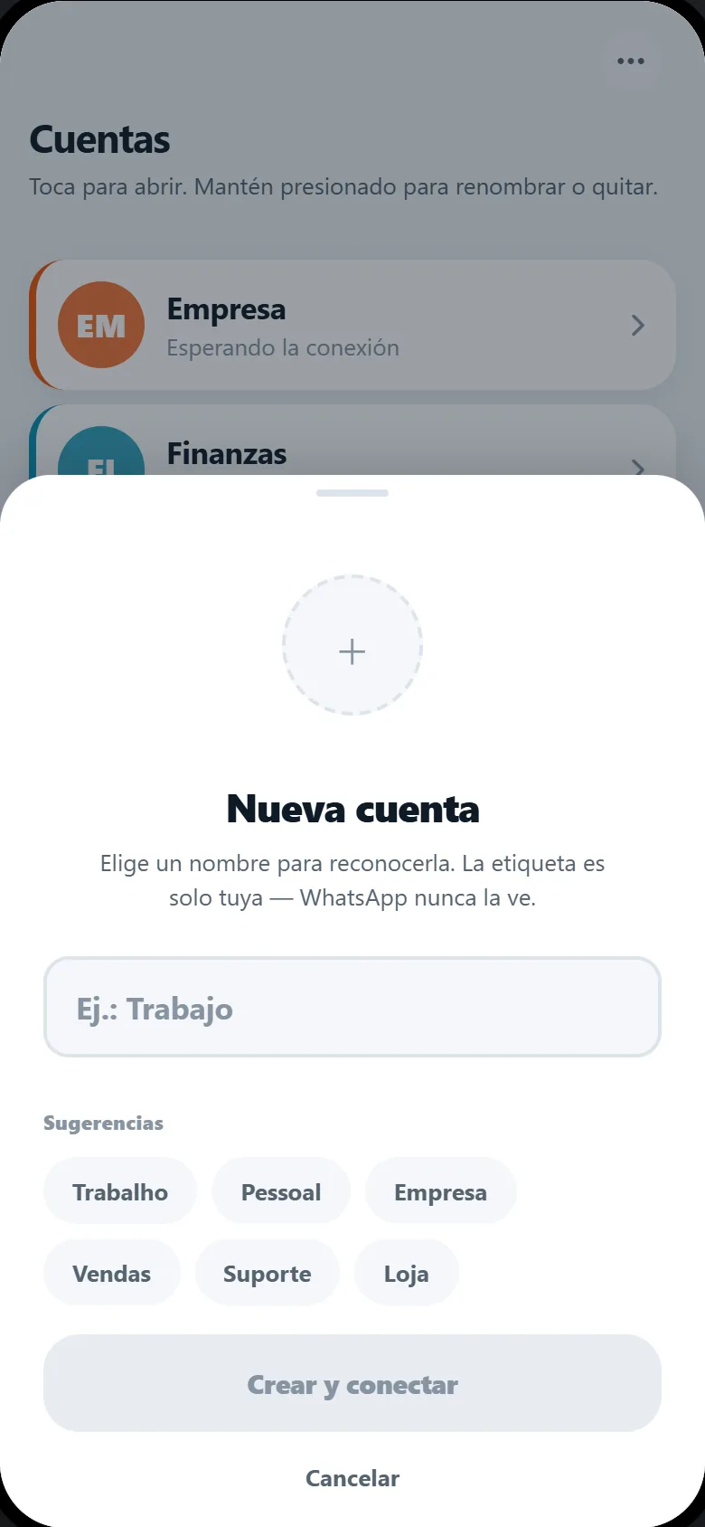 Pantalla de nueva cuenta de ZappyDue: un campo para ponerle nombre a la cuenta, con sugerencias de nombre debajo.